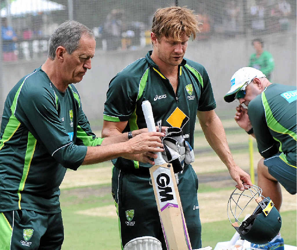 SHAKEN: Australian cricket team doctor Peter Brukner (left) helps Shane Watson as he leaves the nets as coach Darren Lehmann (right) looks on at the MCG. Watson was moments earlier struck by a James Pattinson delivery. SHAKEN: Australian cricket team doctor Peter Brukner (left) helps Shane Watson as he leaves the nets as coach Darren Lehmann (right) looks on at the MCG. Watson was moments earlier struck by a James Pattinson delivery.